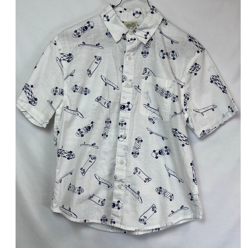 Therabouts Boys L 14-16 Blue/White Short Sleeve Button Up Skateboard Print Shirt